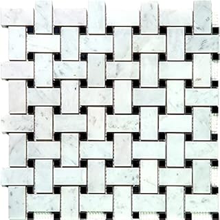 Marble Basketweave 1 sq ft/Piece Pack of 1,Basket Weave White & Gray Carrara Marble Mosaic Tile – 4 x 5 Mesh-Mounted Sheets Not Peel & Stick – Polished Stone for Kitchen Backsplash, Bathroom Walls
