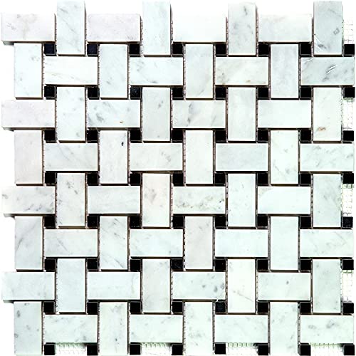 Basket Weave White & Gray Carrara Marble Mosaic Tile –