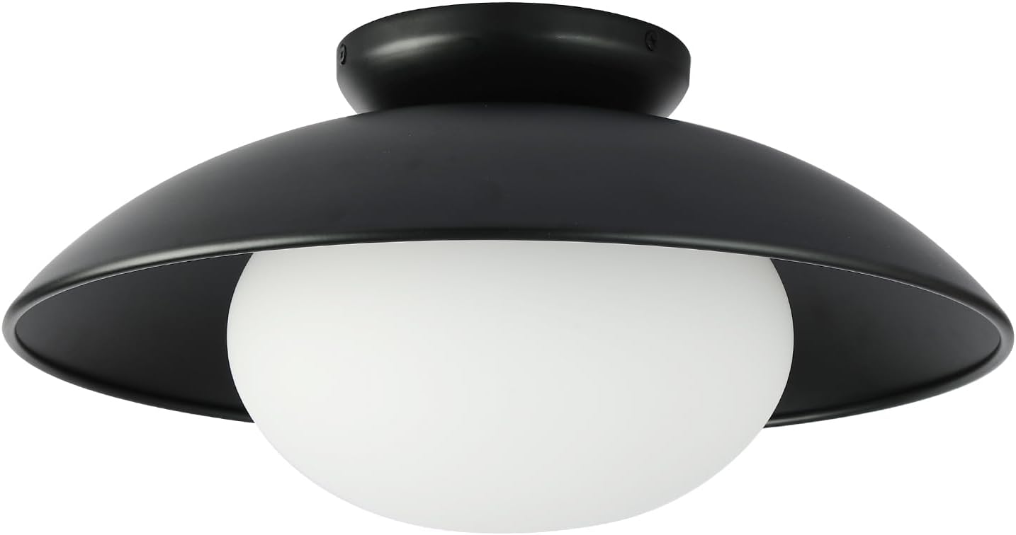 Soft Black 15in Semi Flush Mount Ceiling Light Fixture, Bowl Lampshade Style Vintage Close to Ceiling Light Fixture, Modern Flush Mount Light for Bedroom, Entryway, Corridor, Room Decor Lamp