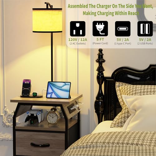 Image of runjuly Floor Lamp with Table, End Table with Light and Charging, Greige