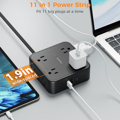 Image of TESSAN Surge Protector Power Strip, 25 Ft Flat Plug Extension Cord with 3 USB (1 USB C) 8 Outlets, 1250W, 900J Protection, 3 Sided Outlet Extender with Power Switch for Office, Dorm Room, Black