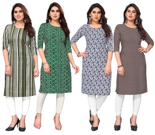 Image of JAKHANA Women's Crepe Printed Casual Straight Calf Length Round Nick Kurta Pack of 4