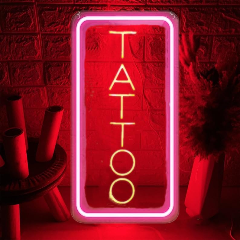 Image of Neon Tattoo Light,LED Arylic Tattoo Neon Sign for Tattoo Shop Door Wall Light up Decor,Reusable and Dimmable Tattoo Gifts for Tattoo Lover,Tattoo Decor Shop Sign Open,16x9In(Red Tattoo)