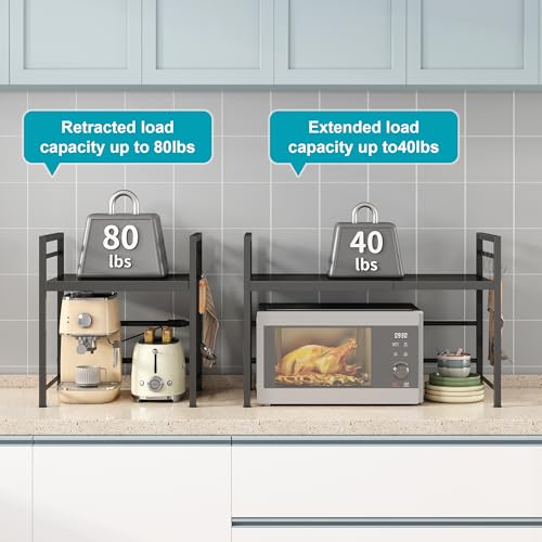 Image of DOLALIKE Microwave Oven Rack, Expandable Microwave Stand Countertop Kitchen Utensils Tableware Storage, Carbon Steel Over Microwave Shelf Countertop with 3 Hooks | Adjustable Microwave Oven Rack Metal Storage Shelf for Pans Small Appliances Kitchen Utensils, 2- Tier