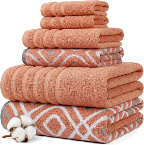 Image of Modern Threads 6 Piece Bath Towel Set Bathroom Set w / 2 Bath Towels, 2 Hand Towels, & 2 Wash Cloths 100% Cotton, Super Absorbent & Extra Soft Reversible Classic Diamond (Rust Orange) 1 Set (Pack of 8)