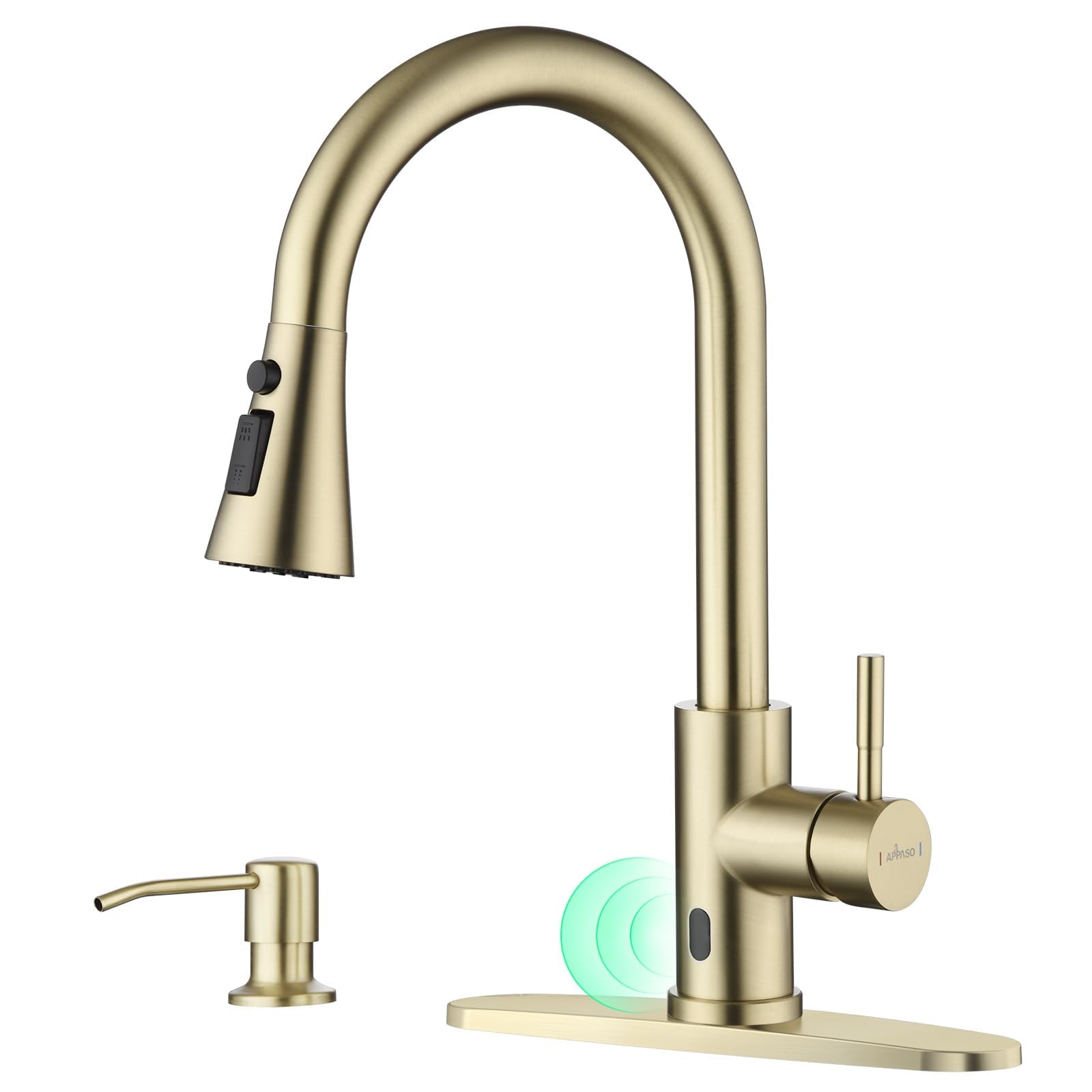 APPASO Gold Kitchen Faucet Touchless, Hands Free Sink Faucets with Soap Dispenser and Pull Down Sprayer 3 Modes, Motion Sensor Faucets for 1 to 4 Holes Sink with Deck Plate, High Arch & Single Handle
