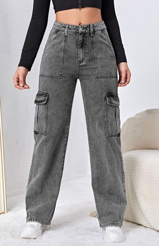 Image of Amazon Brand - INKAST Women Multi-Pocket Denim Cargo Pants Casual Fit Stylish Trousers