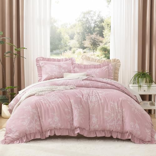 Image of Litanika Grayish Pink Full Comforter Sets, 3 Pieces Ruffle White Floral Farmhouse Bedding Comforter Sets, All Season Soft Lightweight Fluffy Microfiber Bed Set(79x90In Comforter, 2 Pillowcases)