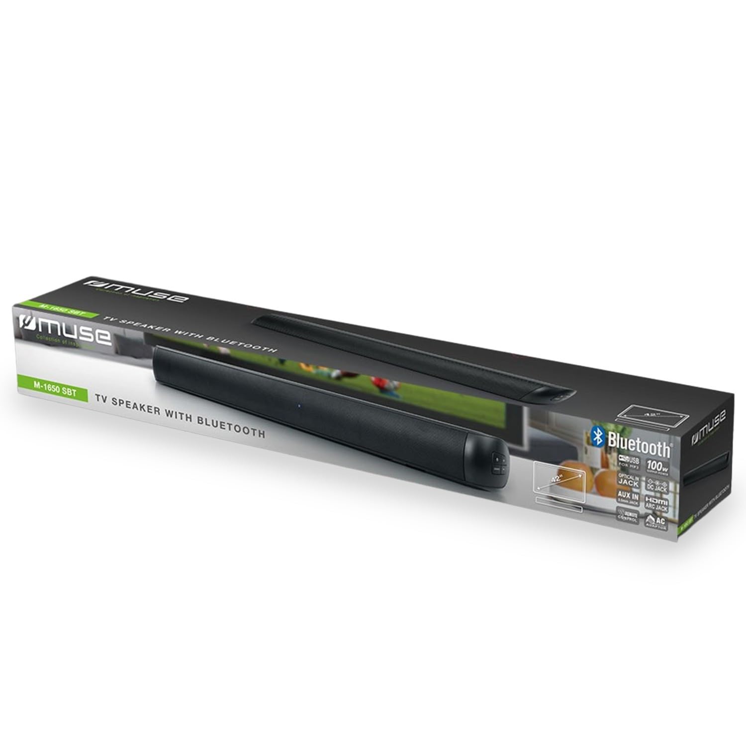 Muse Barra de Sonido Bluetooth con Soporte de Pared Entrada Jack RCA y óptica, Incluye Mando a Distancia 100W