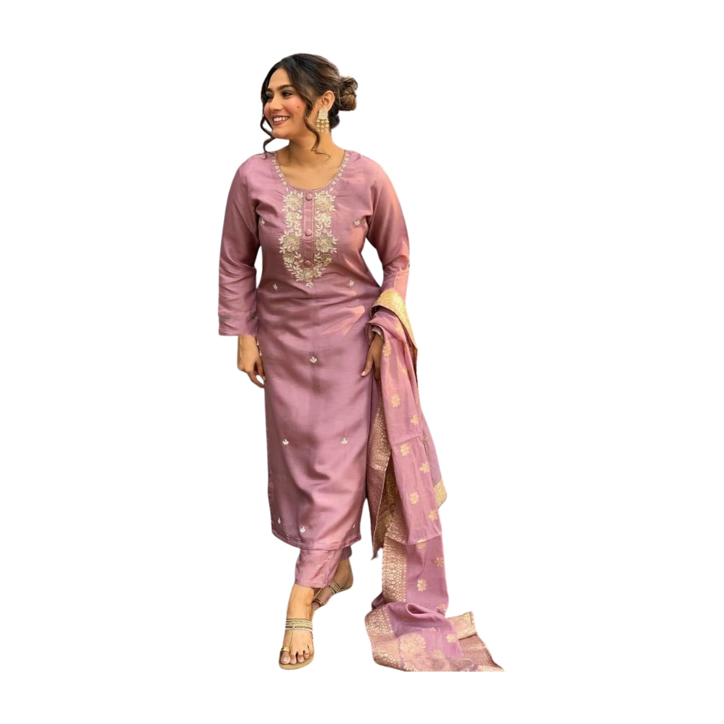 Shiv Textiles Women's Chanderi Silk Embroidered Kurta Pant Dupatta Set(Jda-Vanni-Onion-Xl)