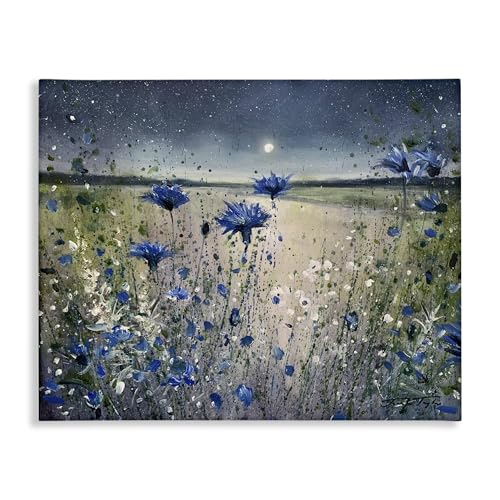 Stupell Industries Blooming Blue Flowers Night Moon Canvas Wall Art,