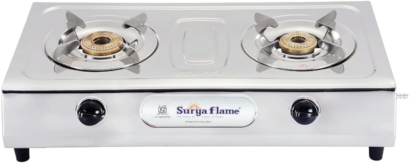 Surya Flame Ultimate LPG Gas Stove 2 Burners Stainless Steel Body for Modular Kitchen, Removable Pan Support & Steel Drip Tray, ISI Certified & 2 Years Warranty with Doorstep Service