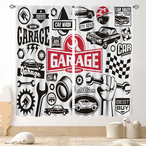 TKUYO Garage Window Curtains, Retro Man Cave Repair Vehicle Garage Tools Shed Workshop Vintage Car...