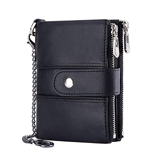 Image of Men's Top Grain Leather RFID Blocking Wallet with Chain, Multi-Pocket Bifold for Daily Use & Travel