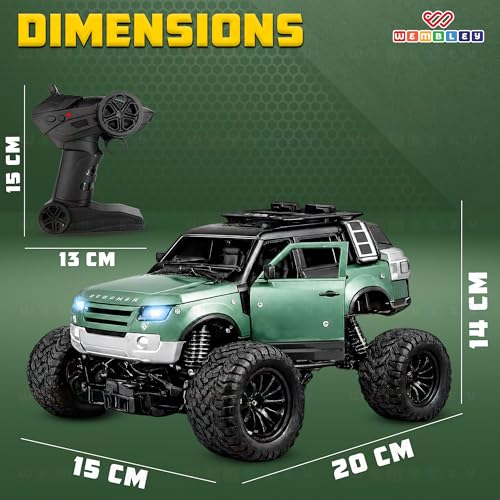 Image of Wembley Remote Control Car for Kids 4-12 Years, 1:18 RC Monster Truck 2WD with Dual Spray Smoke, LED Lights, 2.4GHz Long Range Remote Car, Alloy Body Off Road Toy Car, Rechargeable Type C SUV (Green)