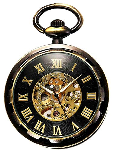 Steampunk Vintage Roman Letters Design Case Mechanical Pocket Watch with Chains for Xmas Gifts (brozne)