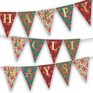 The Heritage Press Vintage Style, Gold Foiled 'Happy Holidays' Christmas Hanging Decoration Pack - Shabby Chic, Double Sided Hanging Bunting - Eco-Friendly - Made in UK