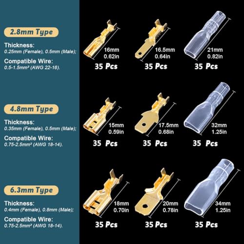 Image of Preptep 315pcs Male and Female Spade Connectors Kit With Insulating Sleeve - 2.8mm, 4.8mm, 6.3mm Crimp Terminals for Electrical Wiring