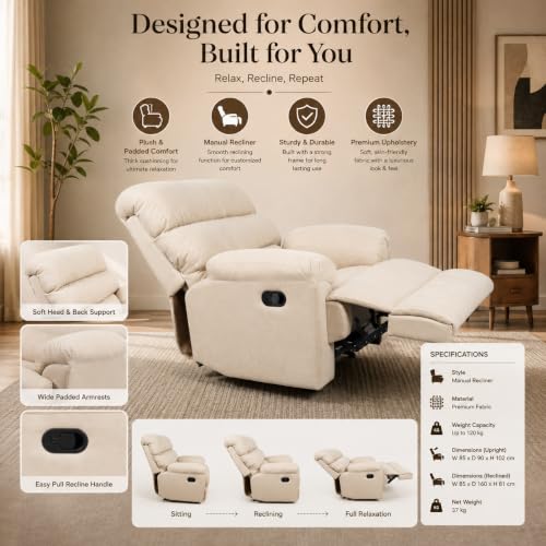 Image of Velvet Manual Recliner, 1 Seater, Beige