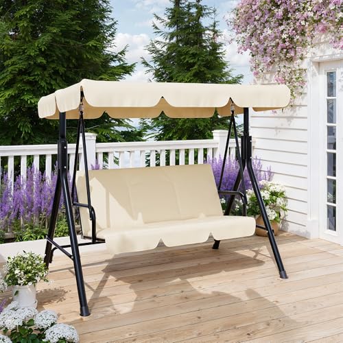 Image of Garvee Outdoor Porch Swing with Adjustable Canopy, 3-Seat Patio Swing Chair with Stand, Heavy Duty Outdoor Swing for Adults, Metal Frame Patio Swing for Garden, Backyard & Poolside,Khika