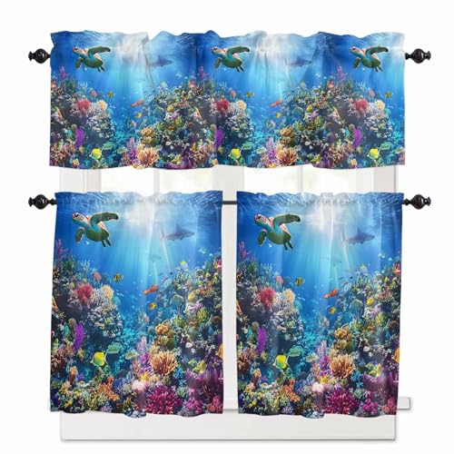 Turtle Blue Kitchen Curtains 36 Inch Length,3 Piece Rod Pocket Small Half Tiers and Valance Set,Ocean Coral Shark Fish Underwater Scenery Small Large Window Treatment Decor for Bedroom/Bathroom Sink