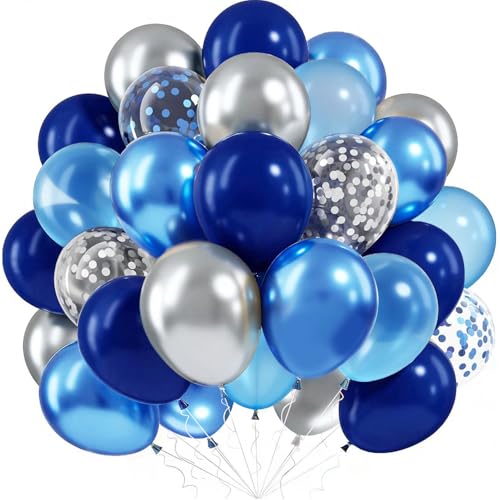 Balões azuis prateados, 60 peças balões de aniversário azuis prateados de hélio, 12 polegadas balão azul metálico e balão confetes azuis para aniversário menino casamento Baby Shower batismo festa
