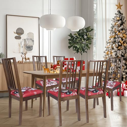 Image of SearchI 6 Pack Christmas Seat Covers for Dining Room Chairs Stretch Printed Xmas Chair Seat Covers, Removable Upholstered Chair Seat Protector for Christmas Decoration, Kitchen (Christmas Snowman)