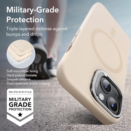 Image of ESR for iPhone 15 Plus Case, MagSafe Silicone Case with Stand, Military-Grade Protection, Built-in Camera Stash Stand, Magnetic Phone Case for iPhone 15 Plus, Cloud Series,Light Tan