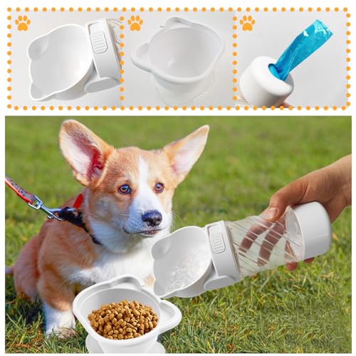 Image of Pet Water Bottle for Dogs,Portable Dog Water Bowl Dispenser,Leak Proof Puppy Travel Bottle with Food Container for Outdoor Walking Hiking (19 OZ,White)
