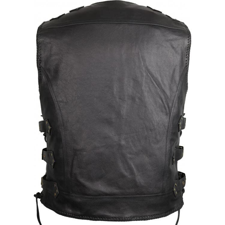 Gilet Moto Uomo In Vera Pelle Nera – Gilet Pelle Uomo Biker, Smanicato Moto Uomo Stile Chopper Con 3 Fermagli In Ottone, Fibbie Regolabili, Lacci Laterali, 5 Tasche E Schiena Predisposta Per Patch