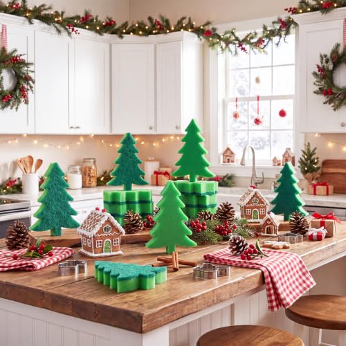 Image of Tioncy 12 Pack Christmas Tree Kitchen Sponges Dual Sided Scrubber | Festive Tree Design, Dual Scrub for Dishes Pots Pans, Kitchen Cleaning Supplies in Bulk, Household Use, 4.33x2.44x0.98 in
