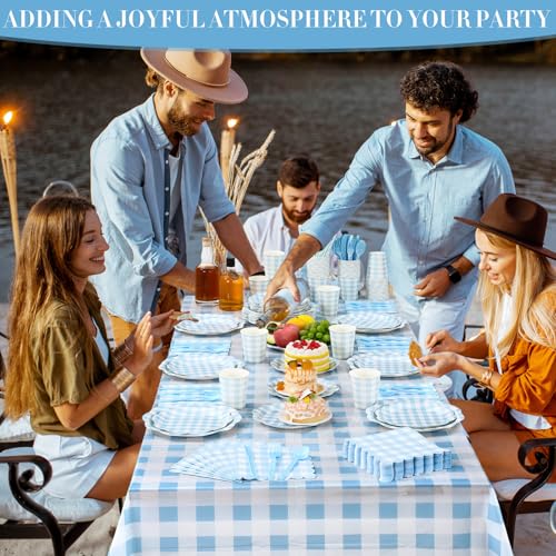 Image of Funnymoom 452 Pcs Blue Gingham Party Supplies for 50 Guests Include White and Blue Checkered Paper Plates Napkins Cups Tablecloth Cutlery Straws for Birthday Baby Shower Wedding Party Decorations