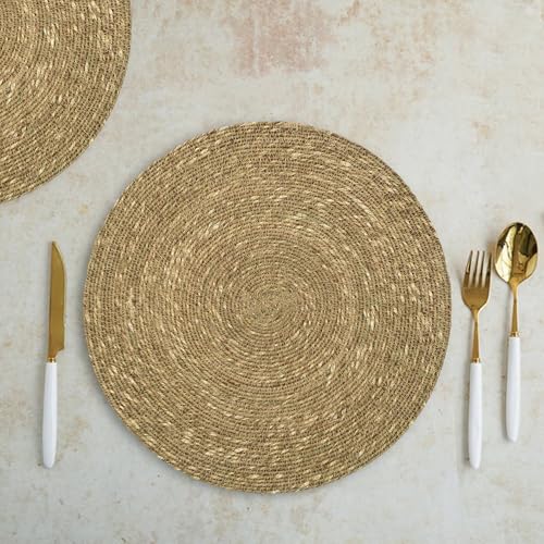 Image of THE HOME TALK Natural Seagrass Serving Placemat - Set of 4 | Side Table Mats|Best for Bed-Side Table, Center Table, Dining Table, Shelves|Home Decorators| 33CM Round