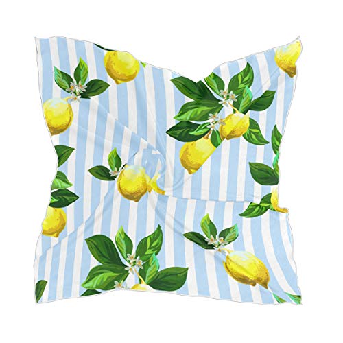 Yellow Lemon with Leaf on Stripe Women's Polyester Square Scarf Chiffon Lightweight Neck Head Scarves Kerchief for Women Girls