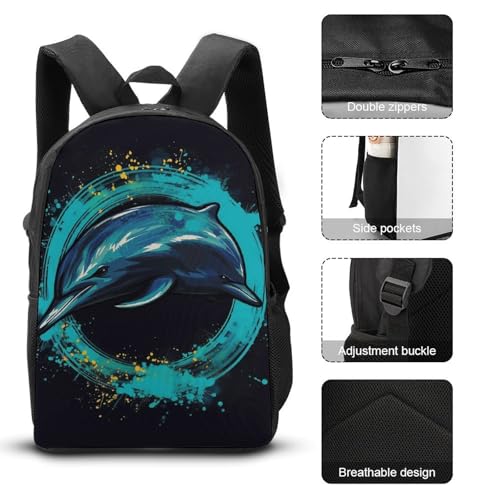 3 Piece Backpack for Women Men Lightweight Causal Daypack Shoulder Bag Set with Insulated Lunch Bag And Pencil Case Organizers Hoop Jumping Dolphin3