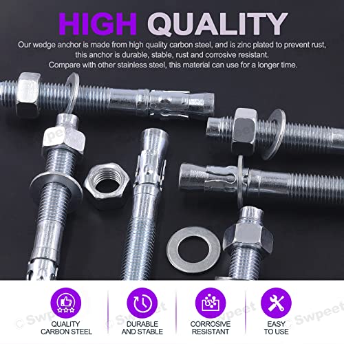 Swpeet S1942 6Pcs 3/4 Inch X 6-1/4 Inch Zinc Plated Heavy Duty Wedge Anchor Assortment Kit, Carbon Steel Screws And Lag Bolts Wedge Anchor Fastener Perfect thumb #2