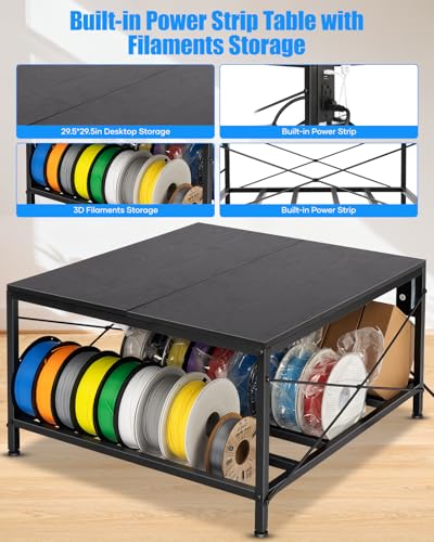 Image of 3D Printer Table with Enclosure - Heavy Duty 3D Printing Workstation with 2-Tier Filament Storage Rack, Waterproof & Constant Temperature Cover with LED Light Fits Most FDM Printers