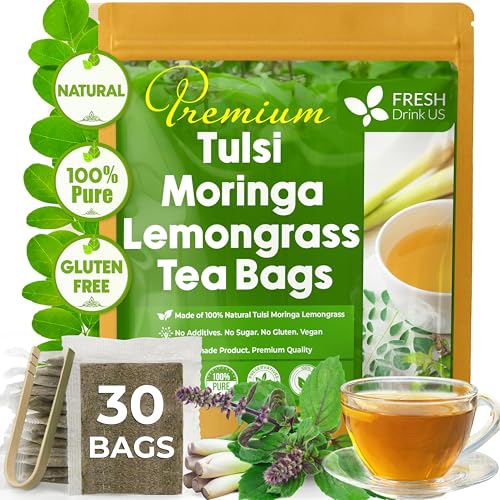 Image of FreshDrinkUS, Premium 30 Tea Bags Tulsi Moringa Lemongrass, 100% Natural & Pure from Tulsi Holy Basil Leaves, Moringa & Lemongrass. Made with Natural Material Tea Bags. No Sugar, No Caffeine, Vegan.