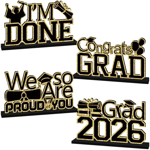 4Pcs 2026 Graduation Decorations Wooden Table Centerpiece Black and Gold Graduation Table Decorations Grad 2026 Tabletop Tiered Tray Decor for Class of 2026 Congrats Grad Party Decor Supplies