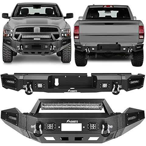 FINDAUTO Front & Rear Bumper fit for 2013-2018 for Dodge Ram 1500 Heavy Duty Steel Bumper Upgraded Textured Black Automotive Bumpers with Winch Plate & LED Light and D-Rings Cover