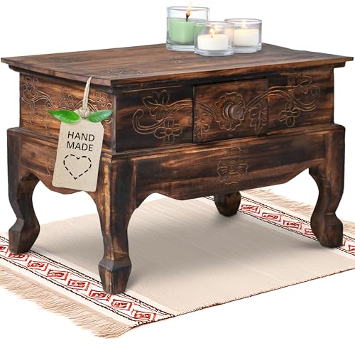 livasia Opiumtisch mit Schublade – 60x40x40cm – Handgeschnitzter Beistelltisch Holz aus Bali, Bringt asiatischen Charme als Holztisch in Dein Zuhause (Braun)