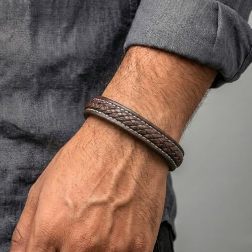 Image of THE MEN THING Leather Bracelet for Men - American Style Genuine Leather Multi-Layer Braided Bracelet with 100% Stainless Steel Magnetic Buckle for Men & Boys (8 inch)