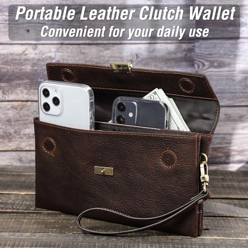 Image of Top Grain Genuine Leather Clutch Wallet with Wristlet for Man & Woman, Handmade Retro Design, Magnetic Push Lock, Multi Pockets /Slots, RFID Large Capacity for Cards /Check /Cash /Coin /Passport, Red Brown