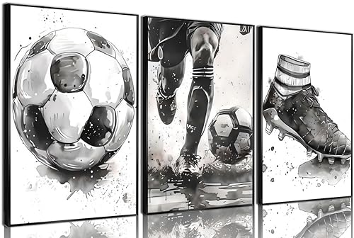 3Pcs Soccer Posters Wall Art Black and White Football Decor pictures Modern Sports Theme Poster Prints for Stadium Boys Room Locker Room Living Room Home Decoration Unframed