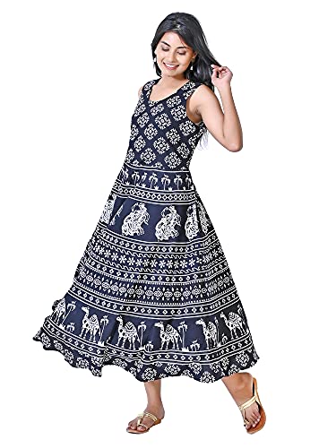 Image of Women's Cotton Printed Traditional Long Midi Maxi Kurti /One Piece Dress (Black Camel, Free Size)
