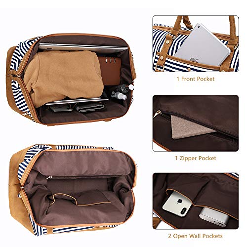 Plambag Canvas Duffel Weekender Bag with Shoe Compartment 42L Overnight Travel Tote Bag(Blue Stripe)