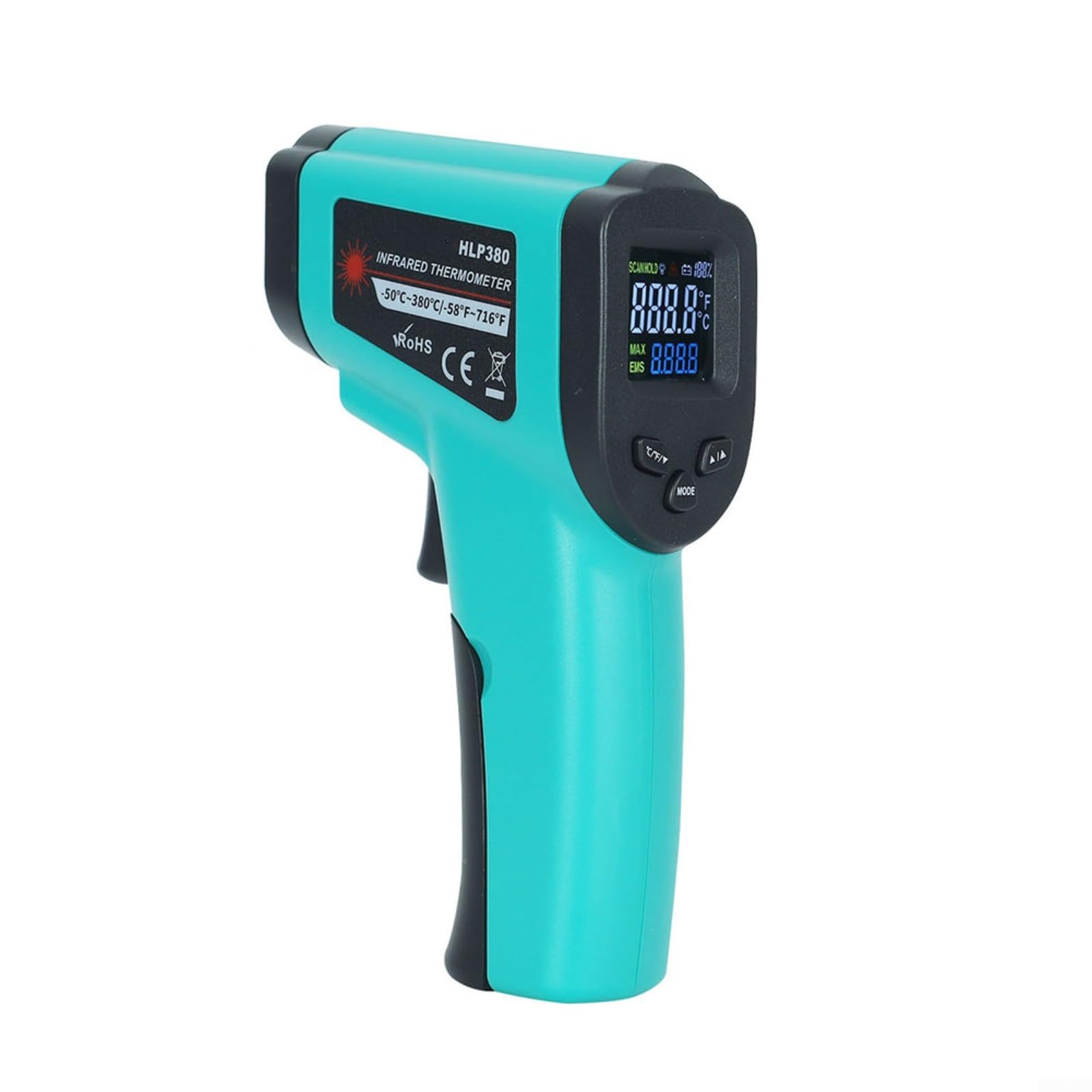 HLP380 Termometro a infrarossi senza contatto -50 °C a 380 °C Misurazione rapida Emissività regolabile Display LCD con retroilluminazione per laboratori industriali e misurazioni HVAC Verde