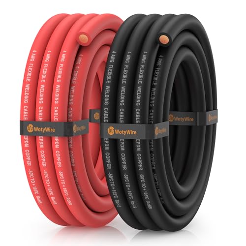 WotyWire 4 Gauge Wire Battery Cable 4 AWG EPDM Welding Cable with Oxygen-Free Copper Flexible/High Conductivity for Solar Automotive Battery Inverter RV Marine (10 ft Red + 10 ft Black)