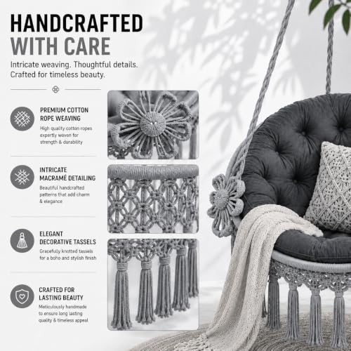 Image of Premium King Size Hammock Chair Swing with Cushion, 200kg Capacity | Indoor Outdoor Heavy Duty Adults & Kids Hanging Jhula for Home, Garden, Patio & Balcony | 1 Year Warranty (Grey)