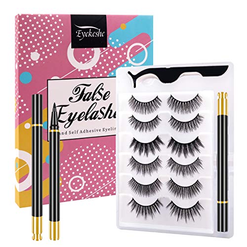 Non Magnetic Eyelashes with Eyeliner, Magic Self Adhesive Eyeliner and Reusable False lashes, No Glue Fake Eyelashes 6 Pairs with Liquid Eyeliner and Tweezer